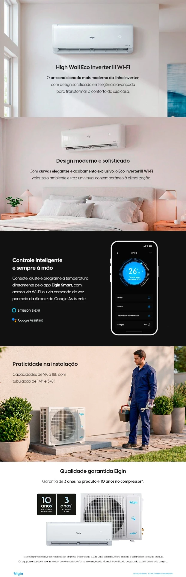 Ar Condicionado Split Hi Wall - Inverter R-32 - Elgin - Eco III - WiFi - 18.000 BTUs - Frio - 220V Monofásico — informações do fabricante